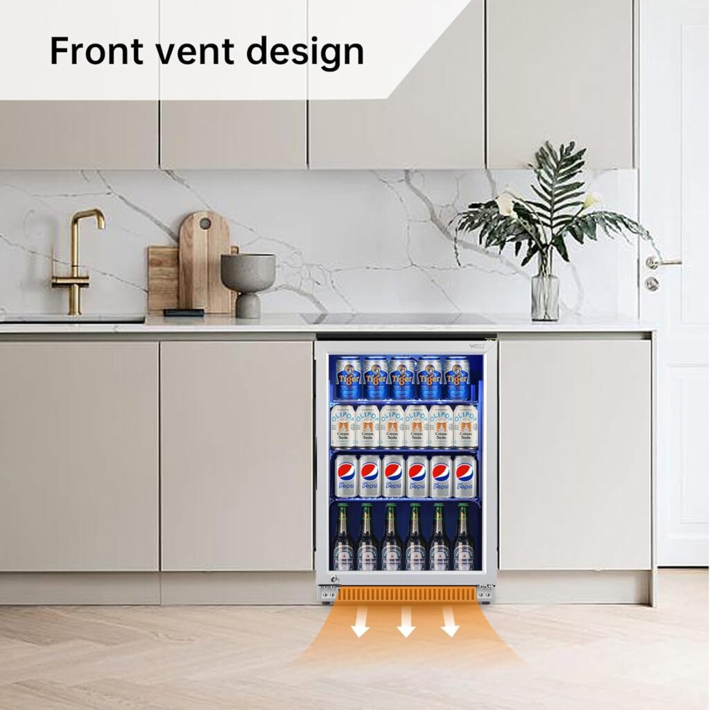 Weili 120 Can Mini Fridge with Glass Door, 20 Inch Beverage Fridge with Lock  Blue LED Light, Auto Defrost, 36-50°F Freestanding or Under Counter Refrigerator and Cooler for Home, Office           [Energy Class F]
