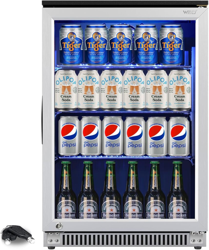 Weili 120 Can Mini Fridge with Glass Door, 20 Inch Beverage Fridge with Lock  Blue LED Light, Auto Defrost, 36-50°F Freestanding or Under Counter Refrigerator and Cooler for Home, Office           [Energy Class F]