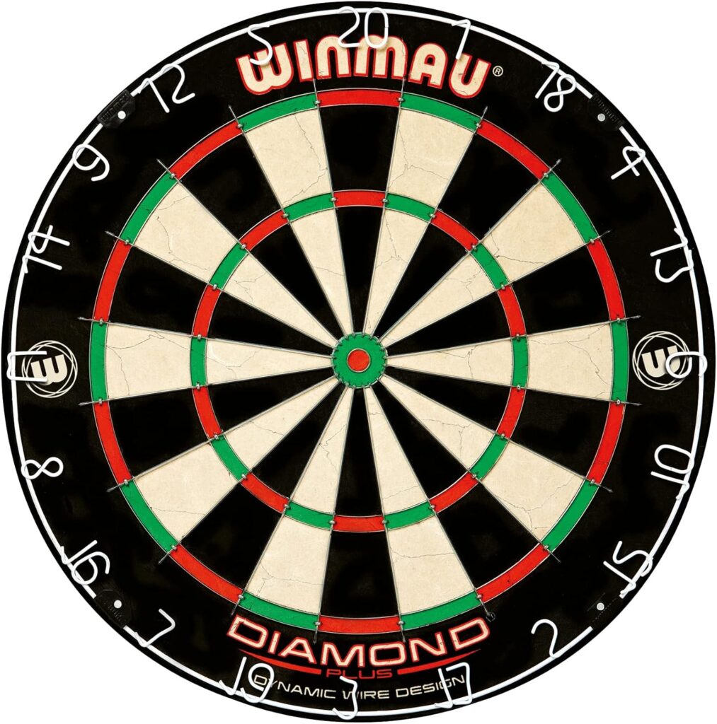 WINMAU Professional Dart Set includes Diamond Plus Bristle Dartboard - Black Cabinet - 2 Sets of Darts - Official Oche Line