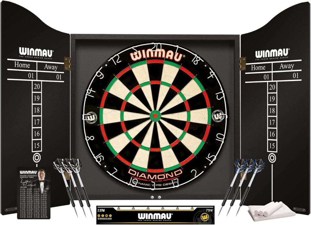 WINMAU Professional Dart Set includes Diamond Plus Bristle Dartboard - Black Cabinet - 2 Sets of Darts - Official Oche Line