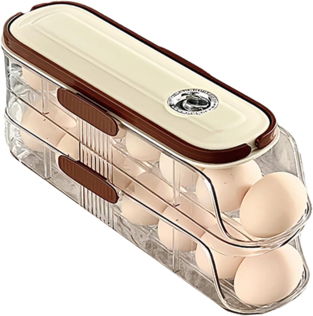 Auto Rolling Fridge Egg Organizer, Egg Holder Refrigerator Storager for Fridge with Lid Fridge Storage Box Food Grade Transparent Stackable Fridge Organizer Triple Layer 2 columns 3 layers