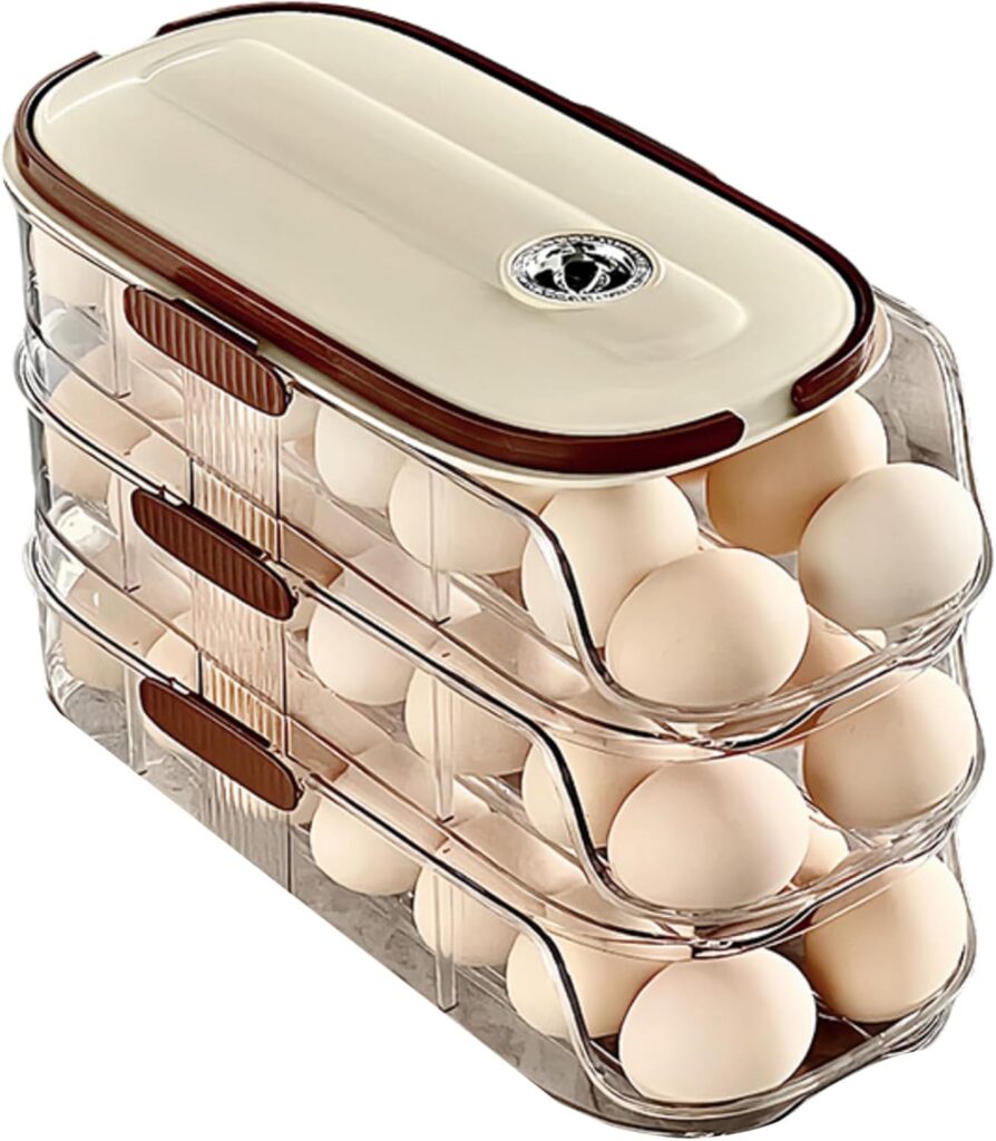 Auto Rolling Fridge Egg Organizer, Egg Holder Refrigerator Storager for Fridge with Lid Fridge Storage Box Food Grade Transparent Stackable Fridge Organizer Triple Layer 2 columns 3 layers