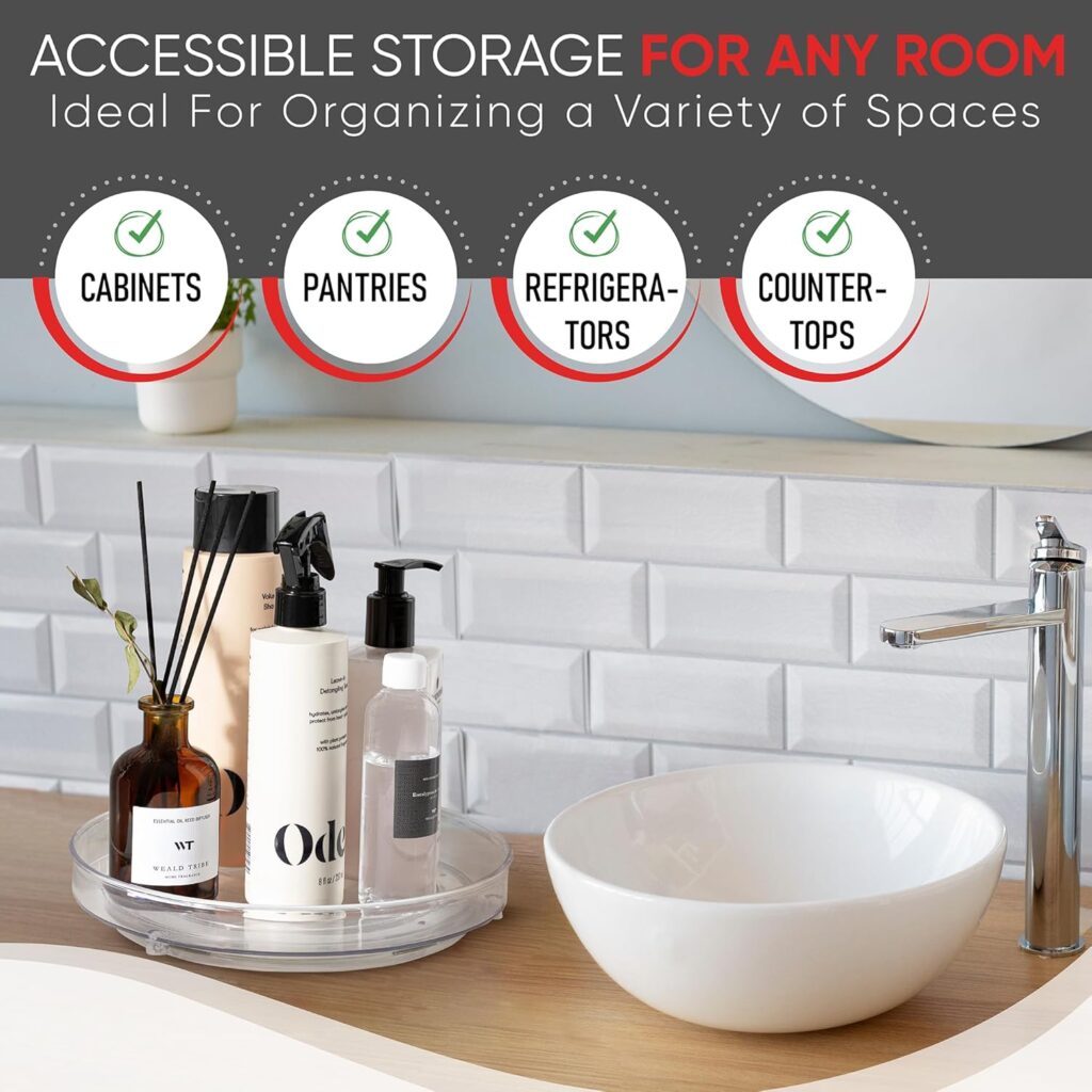 Clear Lazy Susan Turntable Organizer – 4-Pack, 9-Inch Acrylic Rotating Storage for Cabinet, Pantry, Fridge, Bathroom, and Vanity Countertops