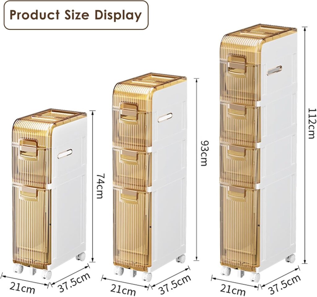 Larder Cupboard, Narrow Slim Rolling Storage Cart, with Drawers, 2/3/4 Tier Kitchen Small Bathroom Storage Cabinet Beside Fridge Corner Small Plastic Rolling Shelf