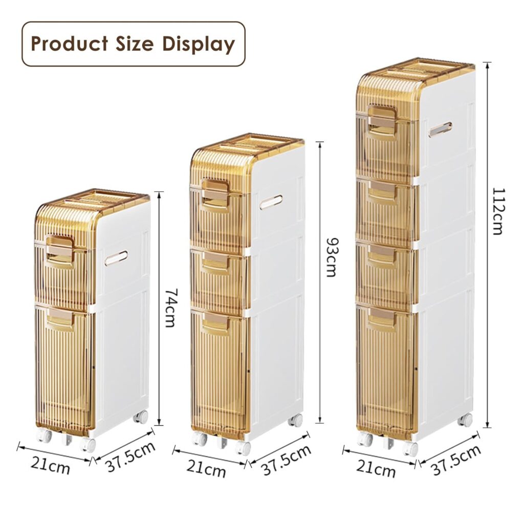 Slim Rolling Storage Cart 4 Tier Kitchen Bathroom Cabinet with Drawers Narrow Larder Cupboard Beside Fridge Small Plastic Shelf for Corner Storage