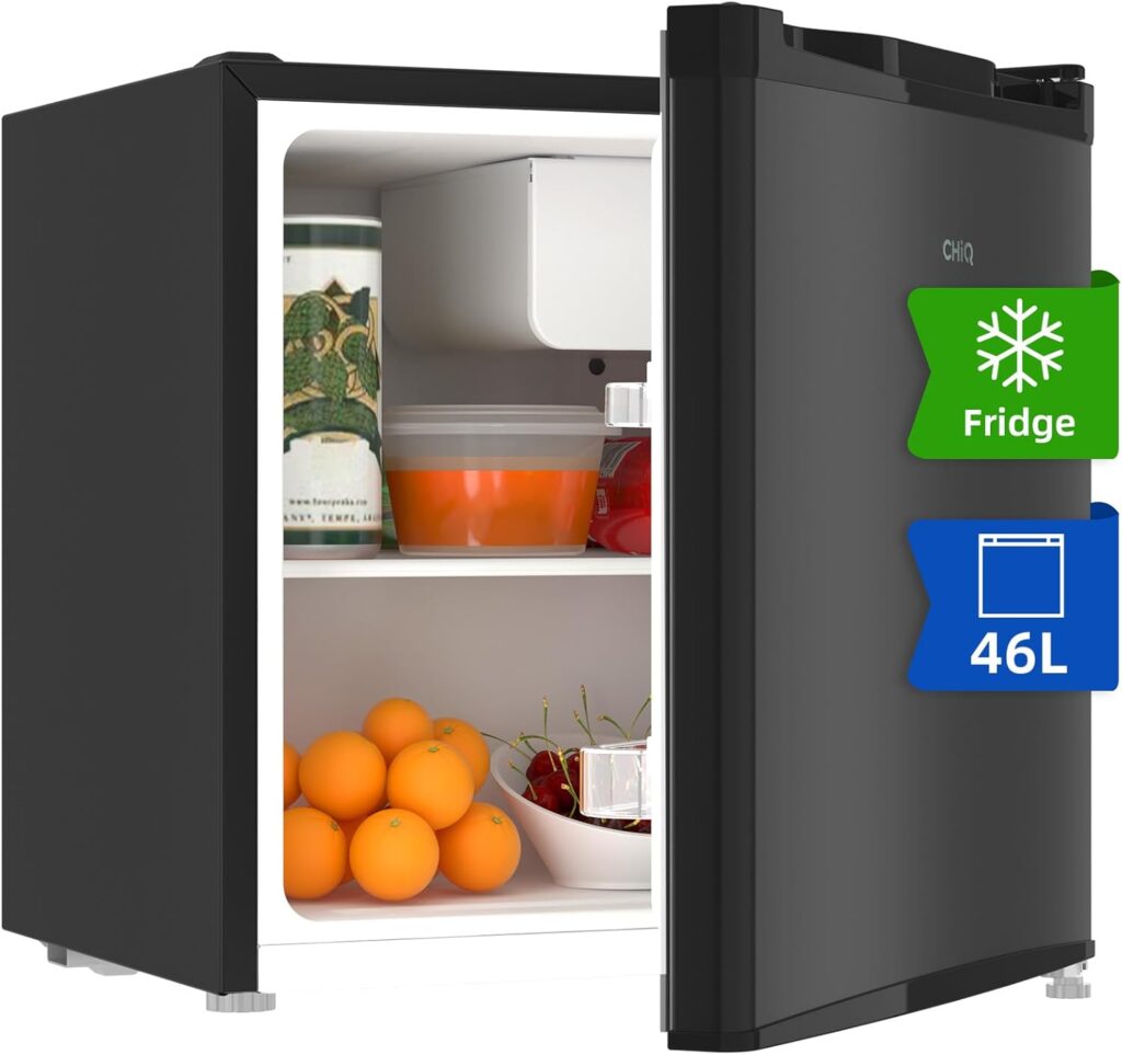 CHiQ CSD46D4EU,Mini Fridge 46L, E Energy Rating, Table Top Fridge, Compact WineBeers Cooling, Reversible Doors, 12-Year Free Warranty on The Compressor,Black           [Energy Class E]