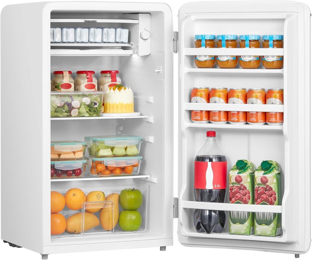 COMFEE RCD93WH2UKRT(E) Under Counter Fridge Only, 93L Retro Freestanding Fridge with Chiller Box, Adjustable Thermostats, LED light, White           [Energy Class E]