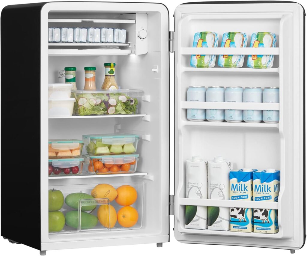 COMFEE RCD93WH2UKRT(E) Under Counter Fridge Only, 93L Retro Freestanding Fridge with Chiller Box, Adjustable Thermostats, LED light, White           [Energy Class E]