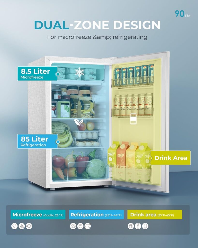 EUHOMY 91L Under Counter Fridge Freezer with Cooler Box, Undercounter Mini Fridge, 7-Stage Thermostat, 82L Refrigerator  8L Freezer, 39dB Ultra-Quiet Energy Efficient for Dorm/Office/Bedroom, White           [Energy Class E]