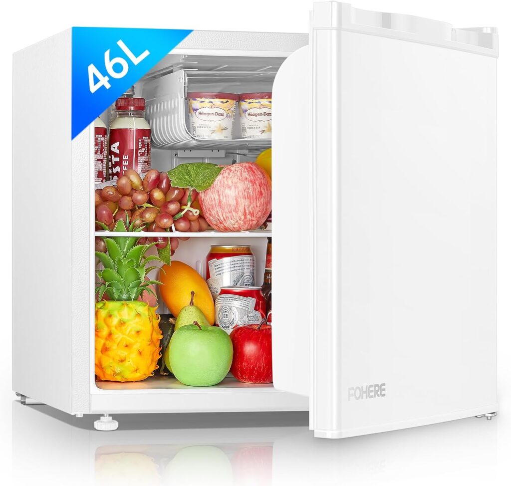 FOHERE Table Top Larder Mini Fridge 46L Capacity, Quiet Running 42dB, Reversible Door, Ice Box, Manual Temperature Control, White           [Energy Class E]