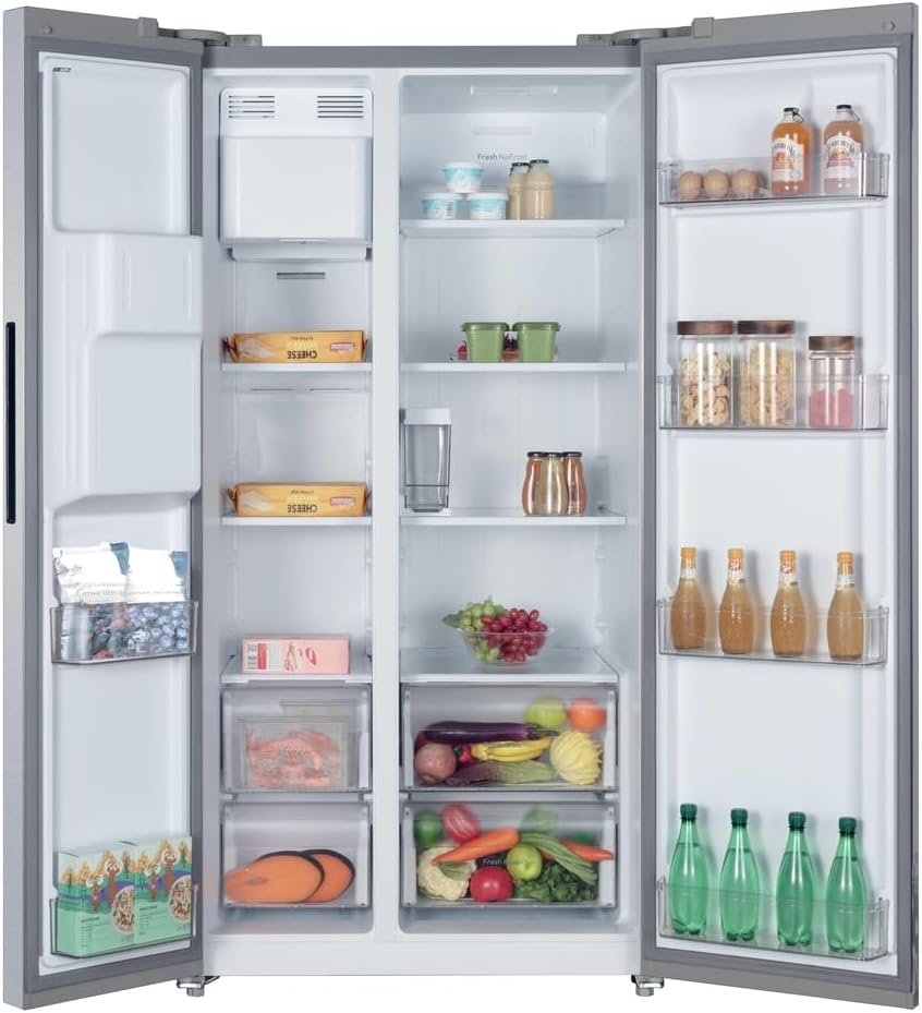 HOOVER Free Standing Side By Side Fridge Freezer, 2 Doors, No Frost, E Class, 556L Total Capacity, Water and Ice Non Plumbed Silver 91x70x178cm - HOSS3T918EIXK           [Energy Class E]