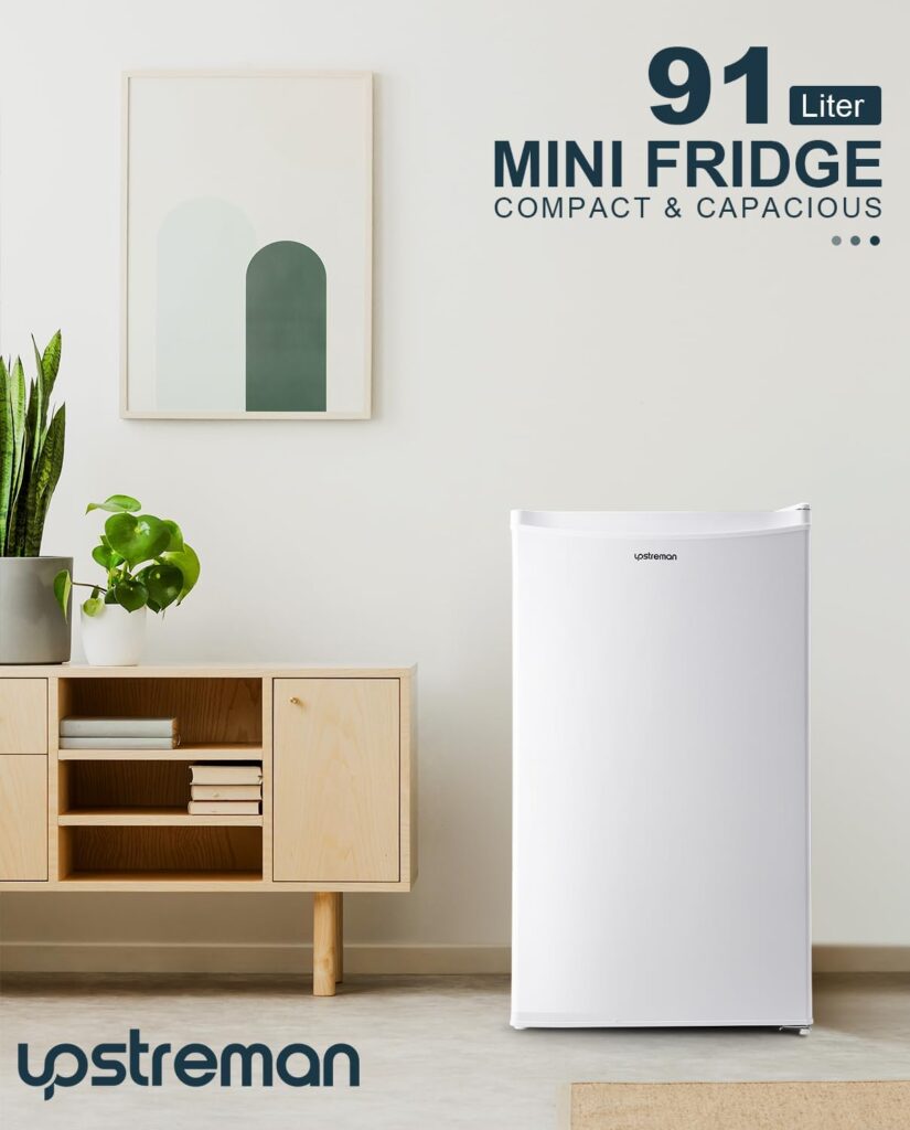 Upstreman 91L Under Counter Fridge with Chiller Box, Single Door Small Fridge, Adjustable Thermostat, Mini Refrigerator for Bedroom, Office, Dorm, BR321 (White)           [Energy Class E]