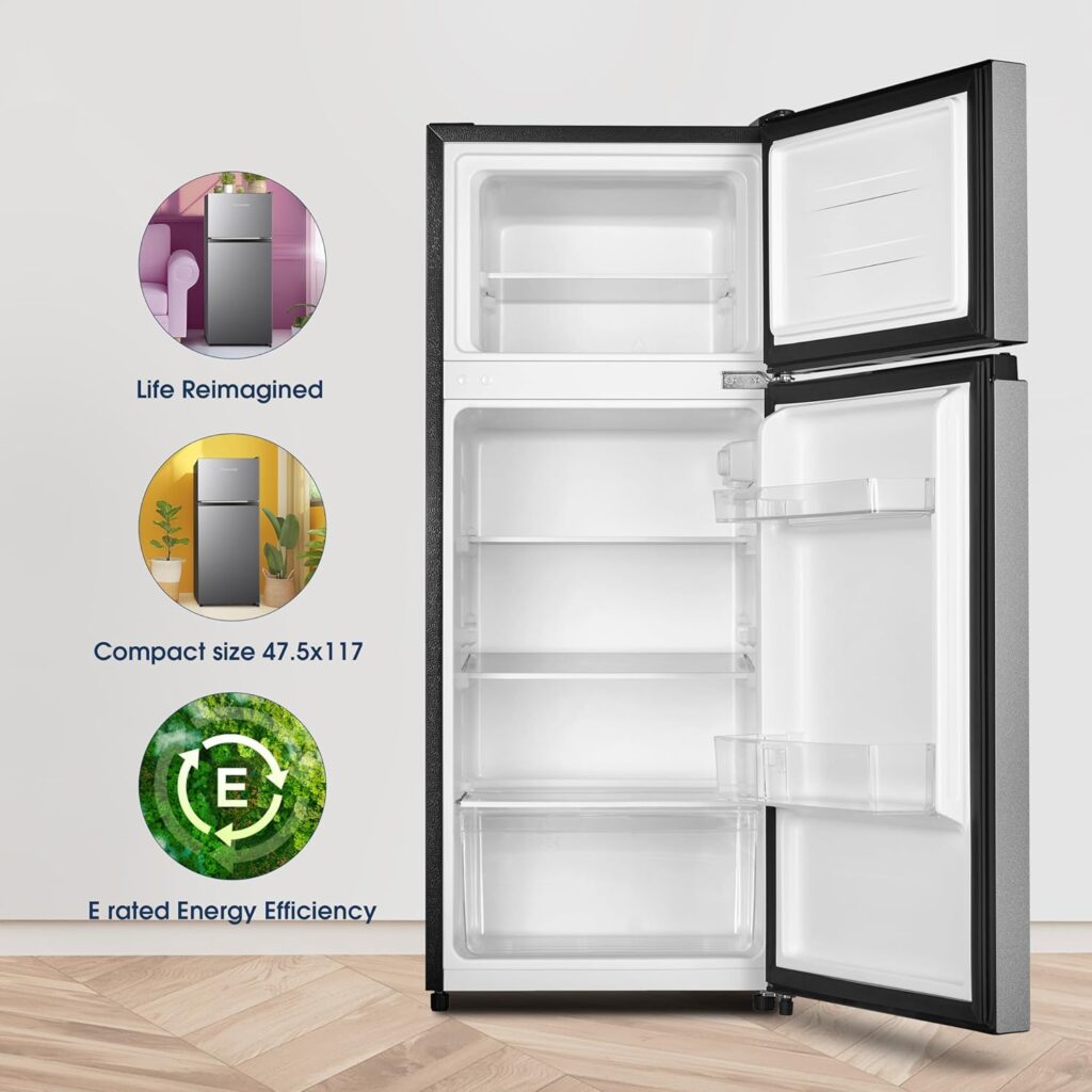 Fridgemaster MTM48120ES 48cm Freestanding Top Mounted Fridge Freezer - 124-litre capacity with Adjustable Thermostat - Reversible Door - LED Lighting- 4 Star Freezer Rating - White - E Rated           [Energy Class E]