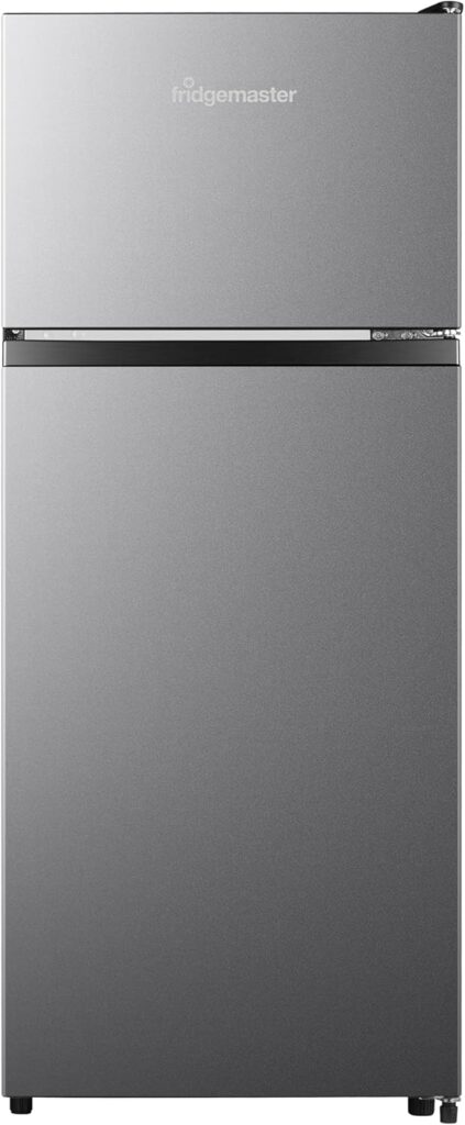 Fridgemaster MTM48120ES 48cm Freestanding Top Mounted Fridge Freezer - 124-litre capacity with Adjustable Thermostat - Reversible Door - LED Lighting- 4 Star Freezer Rating - White - E Rated           [Energy Class E]