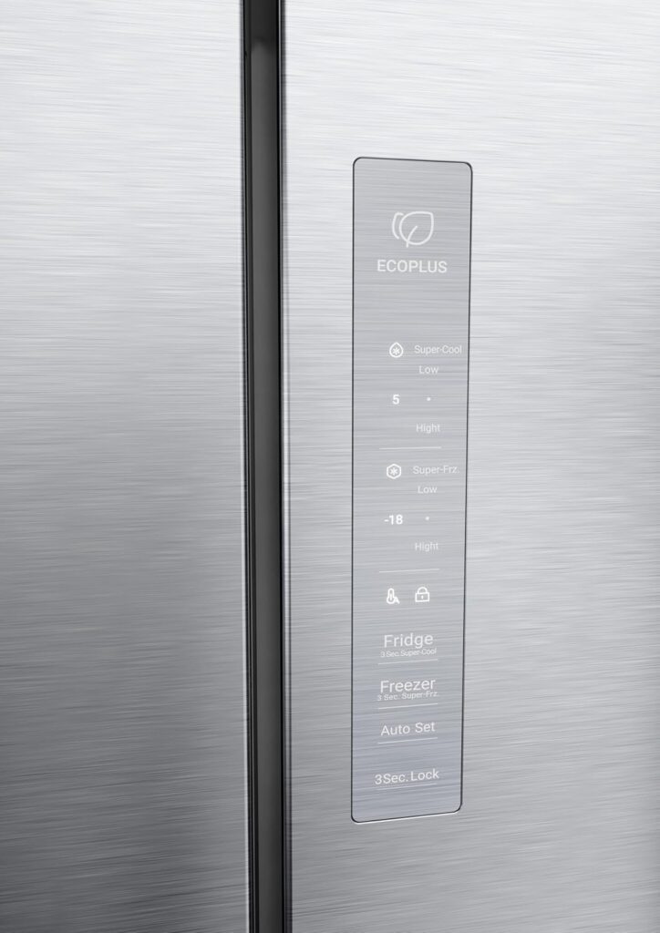 Haier Cube 83 Series 7 Freestanding American Fridge Freezer, 4 Doors, Total No Frost, D Class, Humidity Zone, Daylight LED, 467L Total Capacity, New Platinum Inox, 83x65x181.5 cm – HCR7818DNMM           [Energy Class D]