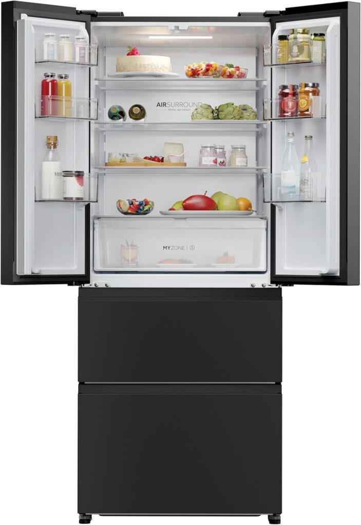 Haier Cube 83 Series 7 Freestanding American Fridge Freezer, 4 Doors, Total No Frost, D Class, Humidity Zone, Daylight LED, 467L Total Capacity, New Platinum Inox, 83x65x181.5 cm – HCR7818DNMM           [Energy Class D]