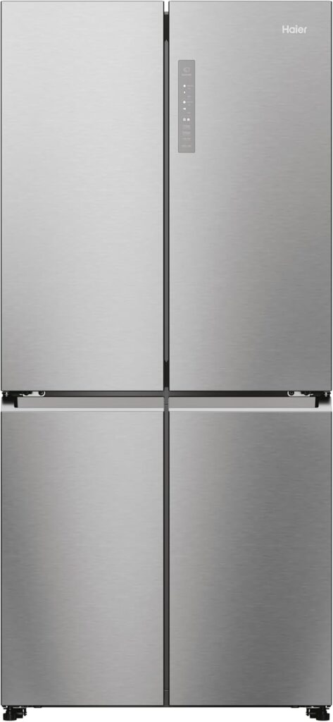 Haier Cube 83 Series 7 Freestanding American Fridge Freezer, 4 Doors, Total No Frost, D Class, Humidity Zone, Daylight LED, 467L Total Capacity, New Platinum Inox, 83x65x181.5 cm – HCR7818DNMM           [Energy Class D]