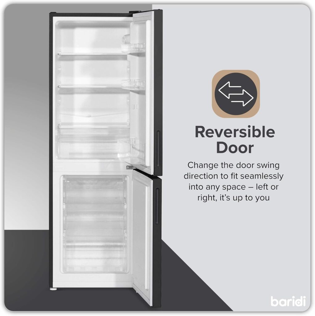 Baridi 47cm 70/30 Fridge Freezer with Adjustable Thermostat, 157L Capacity, Reversible Door, Low Frost, 3 Star Rating - Black - DH253           [Energy Class E]
