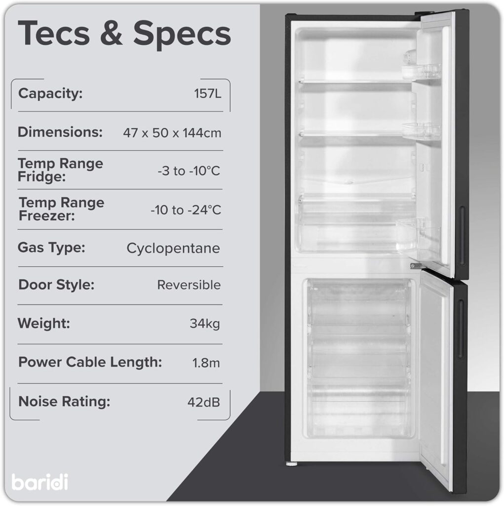 Baridi 47cm 70/30 Fridge Freezer with Adjustable Thermostat, 157L Capacity, Reversible Door, Low Frost, 3 Star Rating - Black - DH253           [Energy Class E]