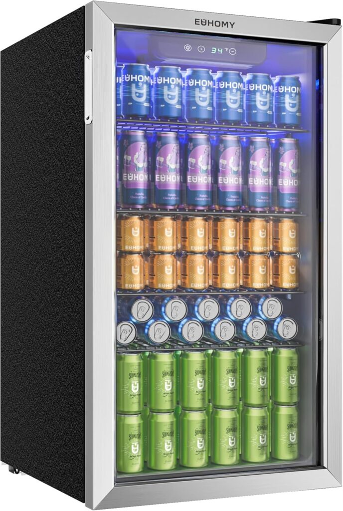 EUHOMY 90L Drinks Fridge, 126 Can Beer Fridge with Glass Door, Small Refrigerator with Adjustable Shelves for Soda Beer or Wine, Home/Bar/Office, Silver, Steel, One-Touch Control           [Energy Class F]