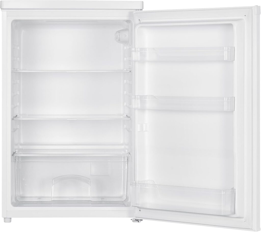 HYE 127L White Freestanding Refrigerator – Compact Under Counter Fridge with Glass Shelves, Quiet 39dB Operation  Integrated Ice Box – Energy Efficient Fridge Small Design RF01UCF127W01 [2025]