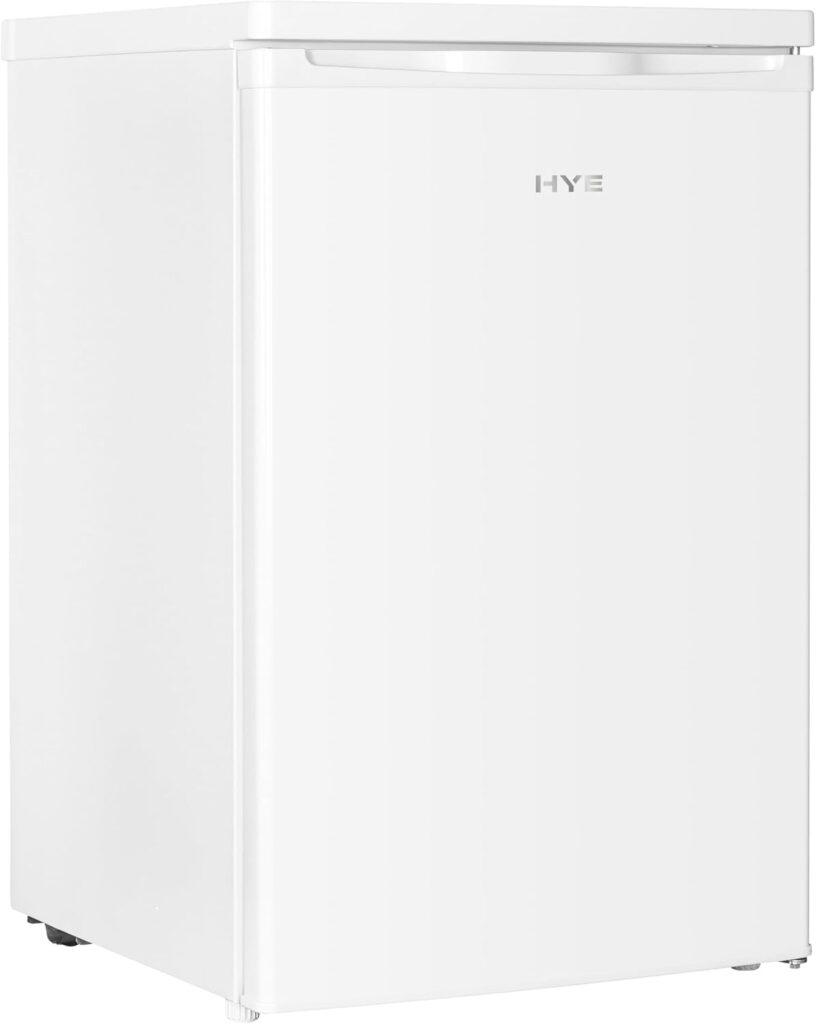 HYE 127L White Freestanding Refrigerator – Compact Under Counter Fridge with Glass Shelves, Quiet 39dB Operation  Integrated Ice Box – Energy Efficient Fridge Small Design RF01UCF127W01 [2025]