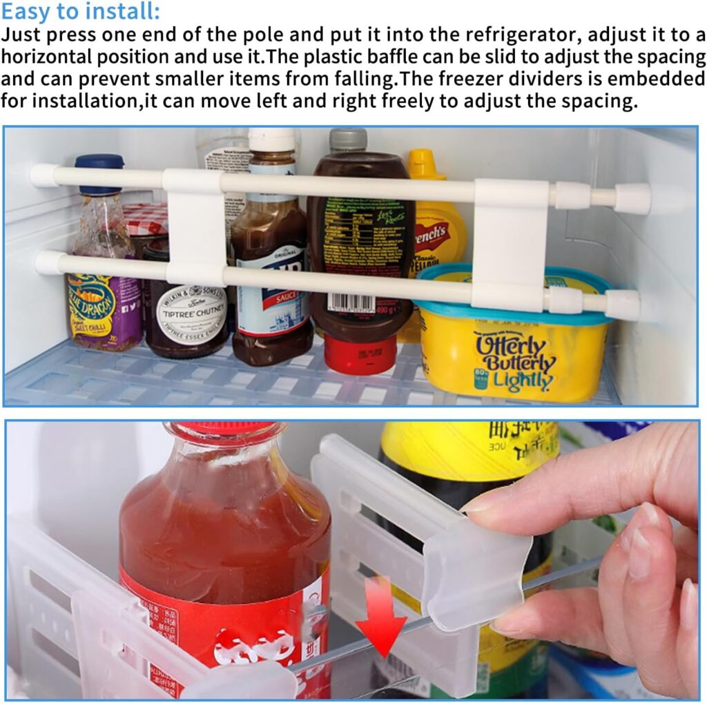 2 Pcs Double RV Refrigerator Bars 15.8-27.6inch Adjustable Tension Rv Fridge Rod with 8 Pcs freezer dividers,for Holding Food Drinks in Caravans and Motorhomes