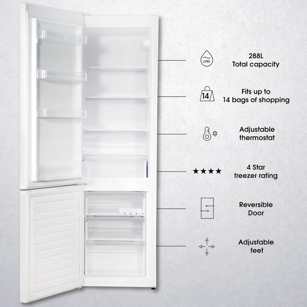 Abode Fridge Freezer Freestanding with Reversible Door, Adjustable Thermostat  Feet, 70/30 288 Litre, 180cm High, LED Light, White A180FF541E1W           [Energy Class E]