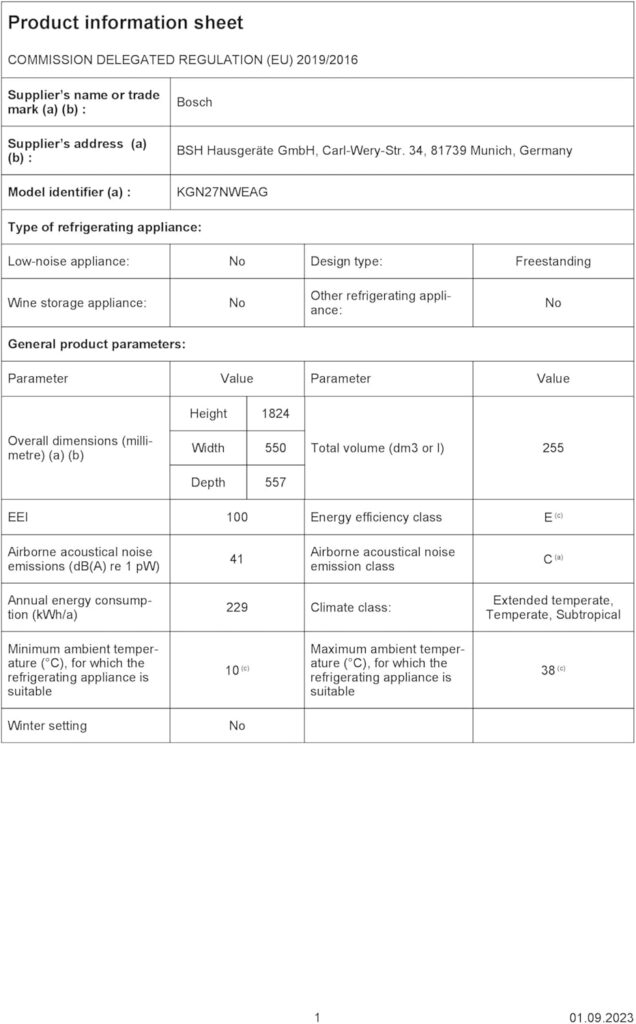 Bosch Home  Kitchen Appliances KGN27NWEAG Series 2, Free-standing Fridge Freezer with NoFrost, MultiBox LED Lighting 182.4x55 cm          [Energy Class E]