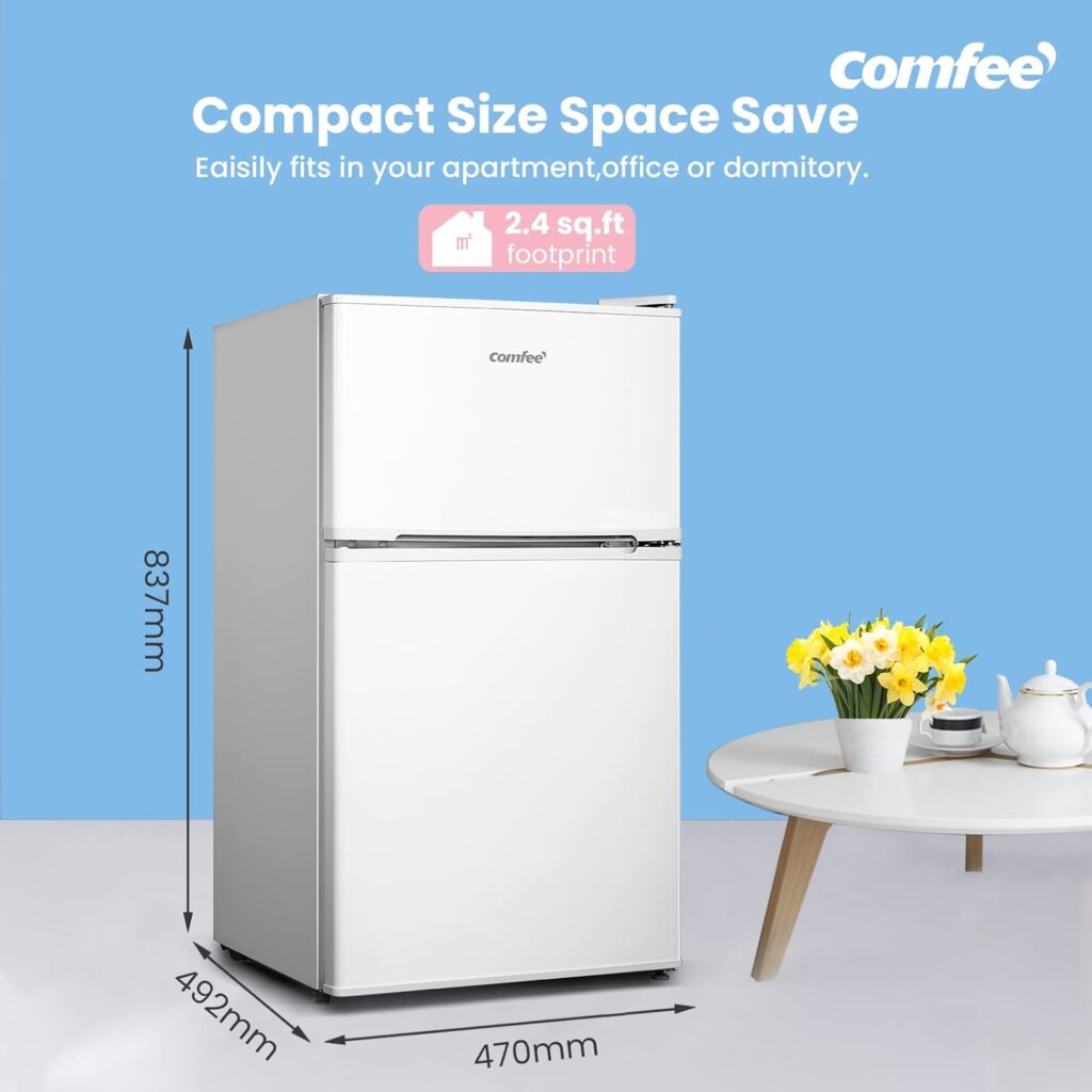 COMFEE Freestanding Fridge Freezer 174 Litre RCB169WH2(E) Low Frost Fridge with Reversible Door Hinge - Energy Saving LED lights  Adjustable thermostat – Low Noise- White           [Energy Class E]