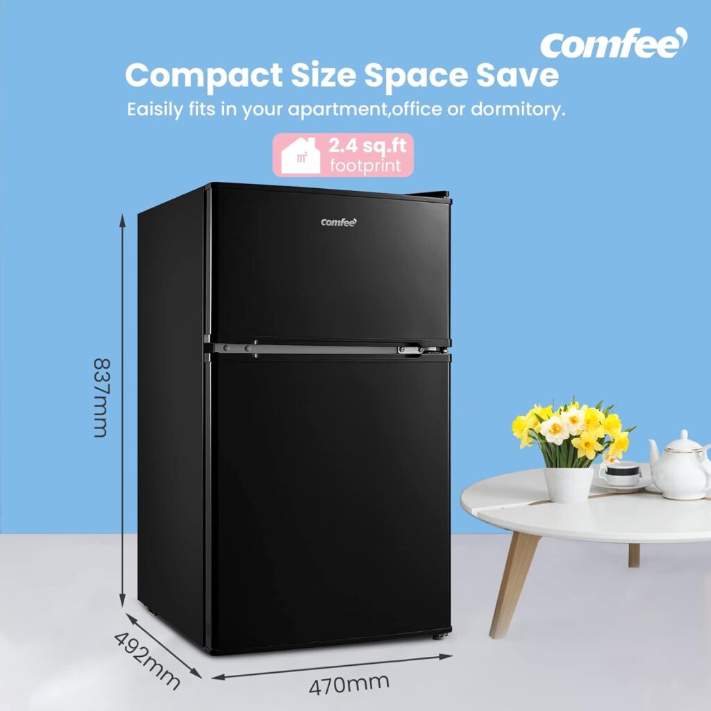 COMFEE RCT87BL2(E) Under Counter Fridge Freezer, 87L Double Door Small Fridge Freezer with Light, Removable Shelves, Adjustable Thermostats, Reversible Doors Black           [Energy Class E]