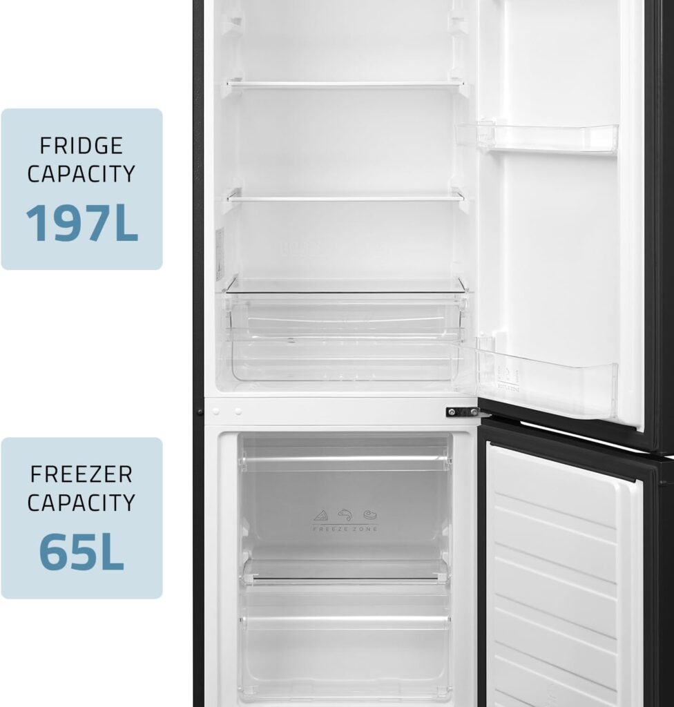 Cookology CFF262WH Static 262 Litre Freestanding Fridge Freezer, Adjustable Temperature Control, Shelves and Legs, Reversible Doors, Efficient LED Light, 4 Star Freezer Rating (White)           [Energy Class E]