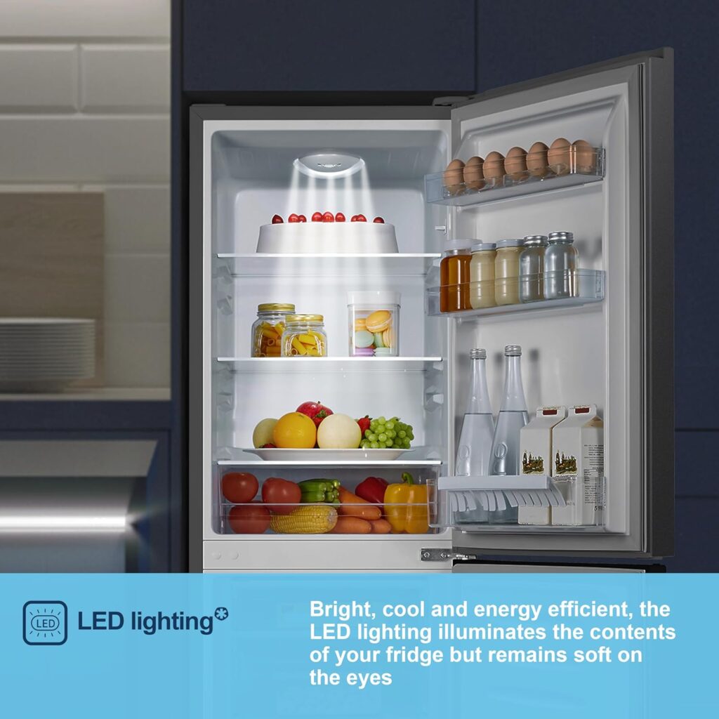 Fridgemaster MC50165EB 50cm Freestanding 60/40 Fridge Freezer - 175-litre capacity with Crisper box - Reversible Door - LED Lighting- 4 Star Freezer Rating - Black - E Rated           [Energy Class E]