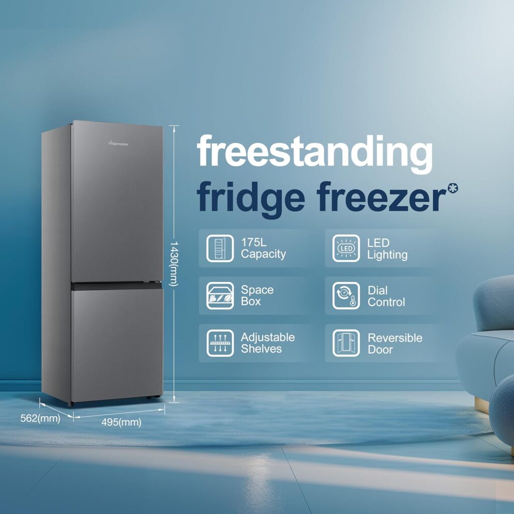 Fridgemaster MC50165EB 50cm Freestanding 60/40 Fridge Freezer - 175-litre capacity with Crisper box - Reversible Door - LED Lighting- 4 Star Freezer Rating - Black - E Rated           [Energy Class E]
