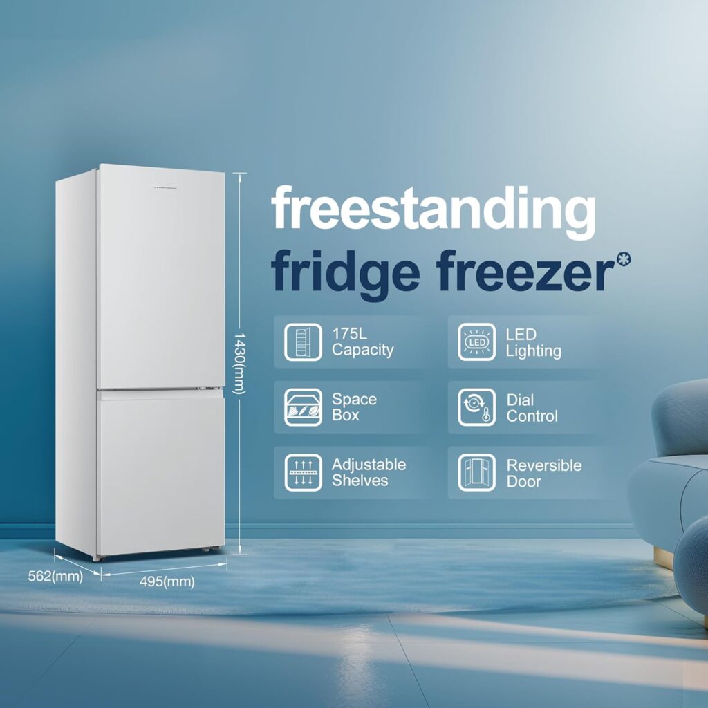 Fridgemaster MC50175A 50cm Freestanding 60/40 Fridge Freezer - 175-litre capacity with Crisper box - Reversible Door - LED Lighting- 4 Star Freezer Rating - White - E Rated           [Energy Class E]