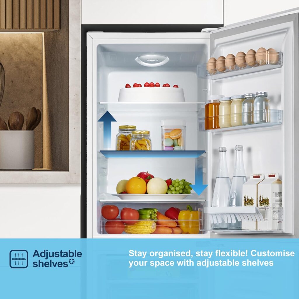 Fridgemaster MC50175A 50cm Freestanding 60/40 Fridge Freezer - 175-litre capacity with Crisper box - Reversible Door - LED Lighting- 4 Star Freezer Rating - White - E Rated           [Energy Class E]