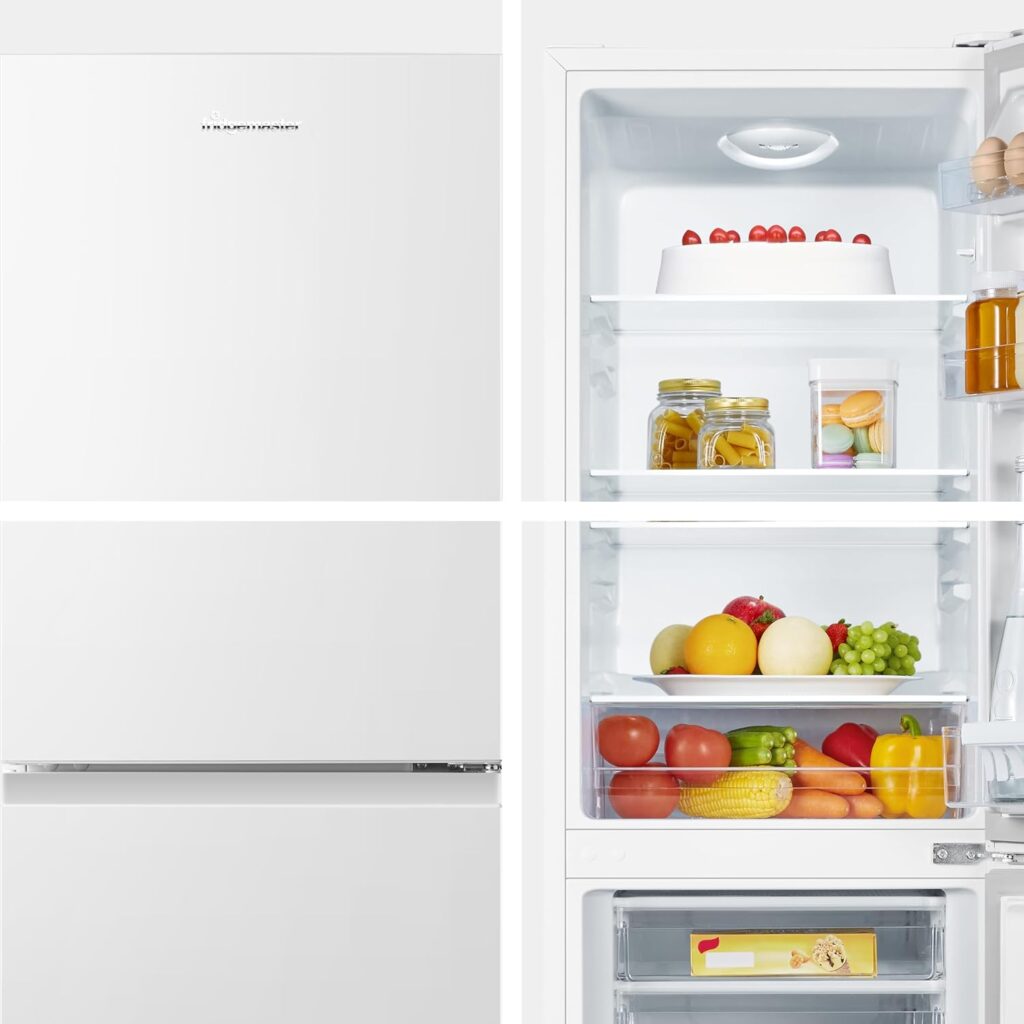 Fridgemaster MC50175A 50cm Freestanding 60/40 Fridge Freezer - 175-litre capacity with Crisper box - Reversible Door - LED Lighting- 4 Star Freezer Rating - White - E Rated           [Energy Class E]