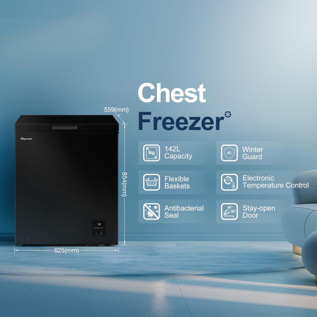 Fridgemaster MCF142EB 142L Chester Freezer 4 Star Freezer Rating - 55.9D x 62.5W x 85.4H cm Black with Recessed Handle - E Rated           [Energy Class E]