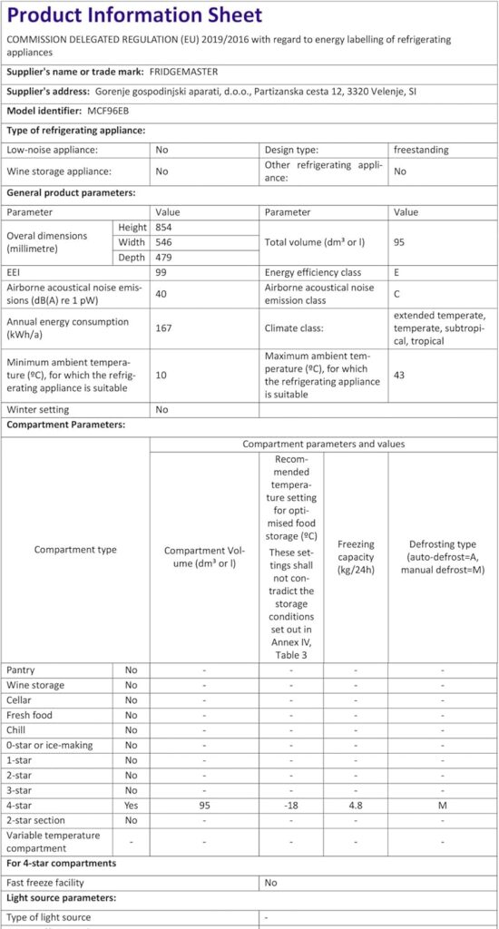 Fridgemaster MCF142EB 142L Chester Freezer 4 Star Freezer Rating - 55.9D x 62.5W x 85.4H cm Black with Recessed Handle - E Rated           [Energy Class E]