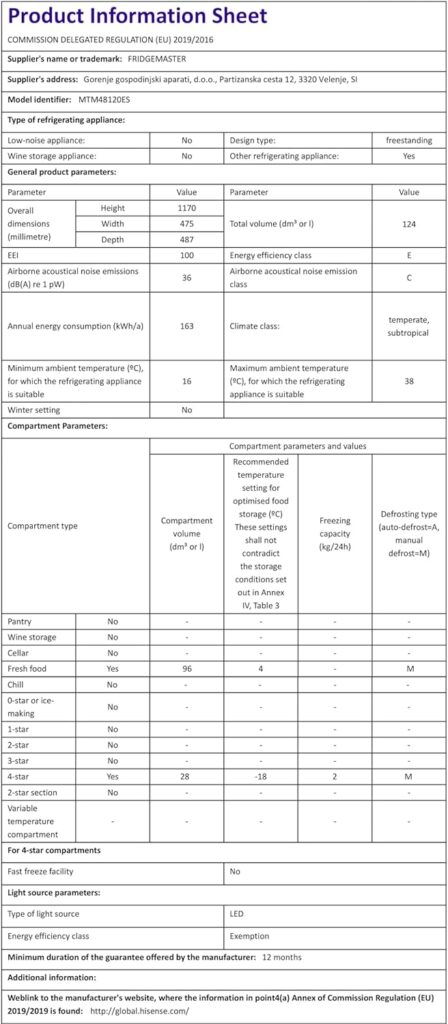 Fridgemaster MTM48120E 48cm Freestanding Top Mounted Fridge Freezer - 124-litre capacity with Adjustable Thermostat - Reversible Door - LED Lighting- 4 Star Freezer Rating - White - E Rated           [Energy Class E]