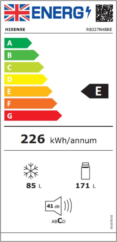 Hisense RB327N4BWE 55cm Freestanding 50/50 Fridge Freezer - 256 litre capacity - Total No Frost -LED Light - Reversible door - Silver - E Rated, H182.4 x W55 x D56.2 (cm)           [Energy Class E]