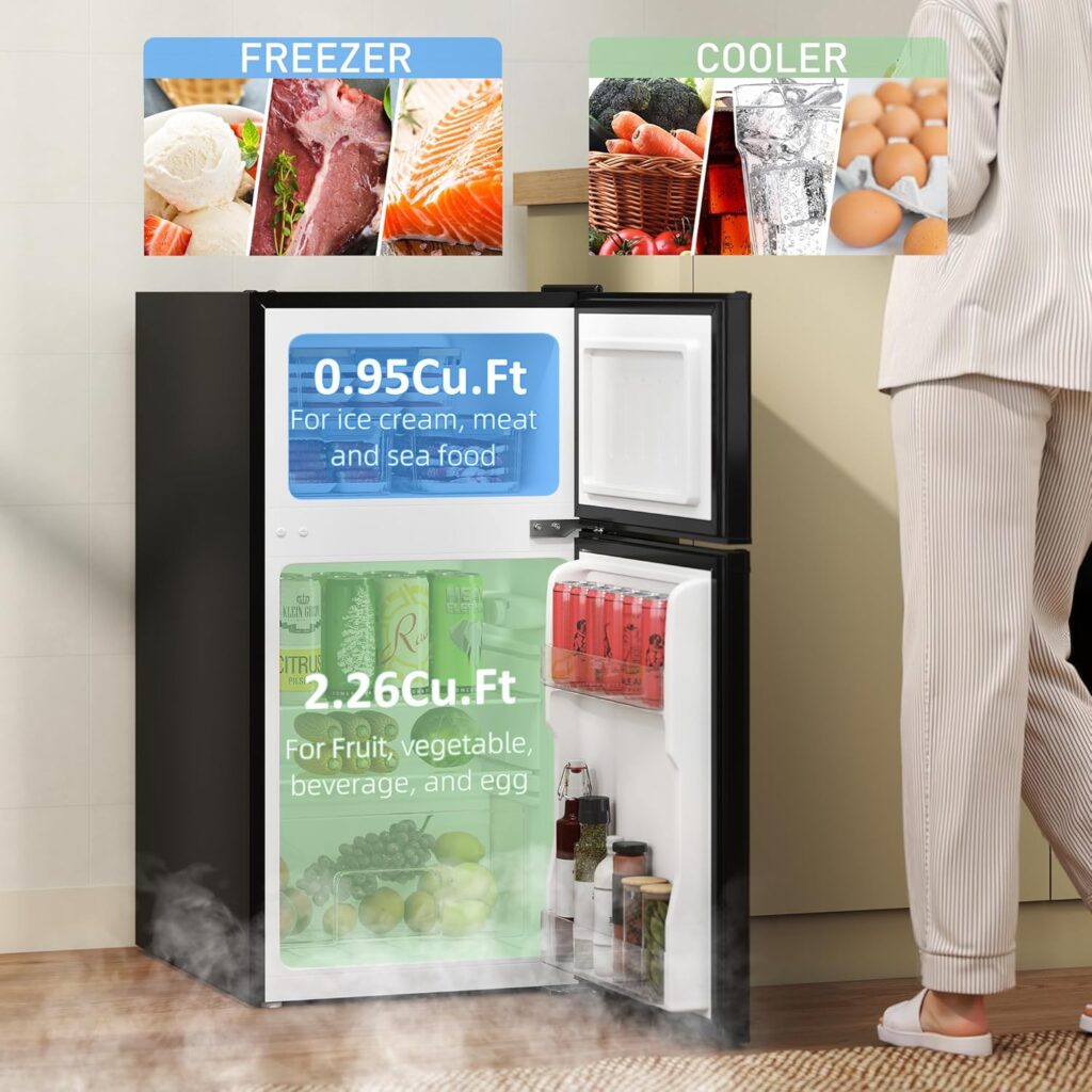 HOMCOM 88L Under Counter Fridge Freezer with 5-Setting Thermostat, Small Fridge with Light, 2 Reversible Doors, Removable Shelves and Ice Box, 3 Star Freezer Rating, E Rated, White           [Energy Class E]