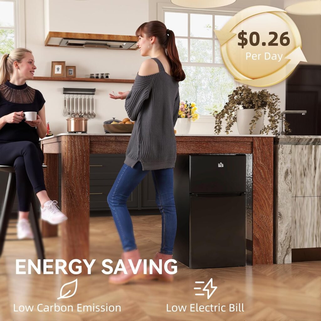 HOMCOM 88L Under Counter Fridge Freezer with 5-Setting Thermostat, Small Fridge with Light, 2 Reversible Doors, Removable Shelves and Ice Box, 3 Star Freezer Rating, E Rated, White           [Energy Class E]