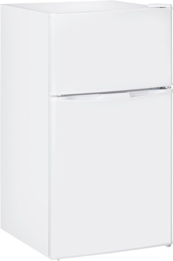 HOMCOM 88L Under Counter Fridge Freezer with 5-Setting Thermostat, Small Fridge with Light, 2 Reversible Doors, Removable Shelves and Ice Box, 3 Star Freezer Rating, E Rated, White           [Energy Class E]