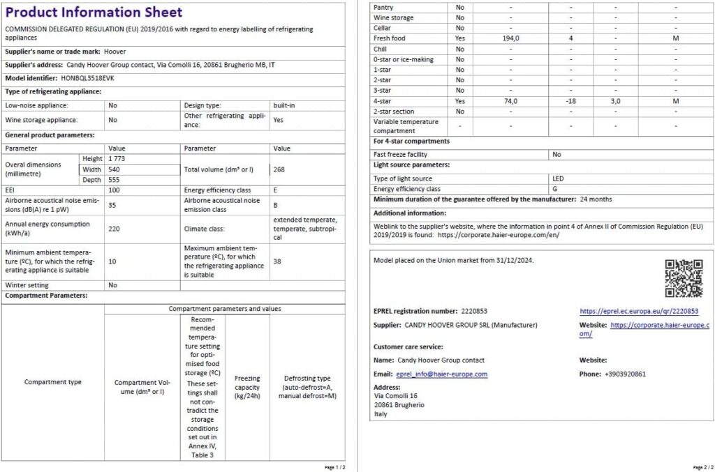 Hoover H-Fridge 300 Integrated Fridge Freezer, E Rated, Total No Frost, hOn App Connectivity, 244L Total Capacity, White, 54x54.5x177 cm - HOBBMT18EK           [Energy Class E]