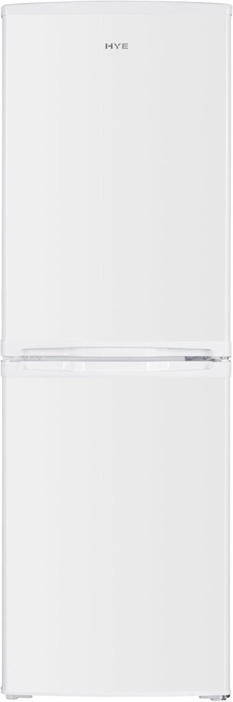 HYE White 142L 50/50 Freestanding Fridge Freezer, Compact Design for Small Kitchens, Adjustable Glass Shelves, LED Lighting  Deep Bottle Storage – RF01FF142W01           [Energy Class E]