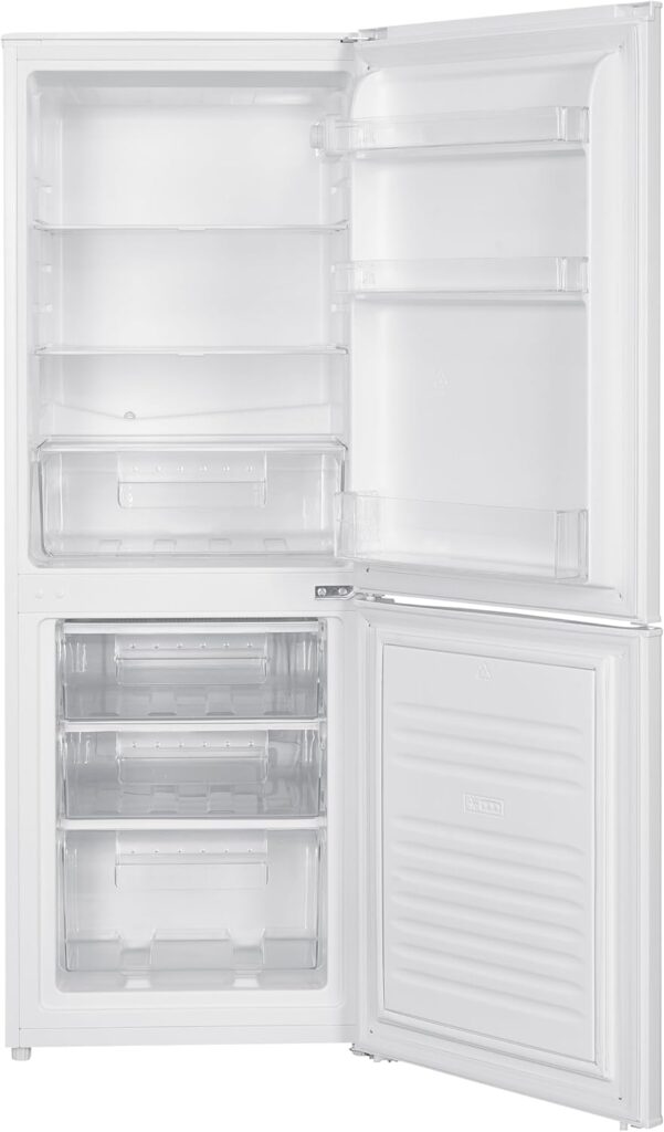 HYE White 142L 50/50 Freestanding Fridge Freezer, Compact Design for Small Kitchens, Adjustable Glass Shelves, LED Lighting  Deep Bottle Storage – RF01FF142W01           [Energy Class E]