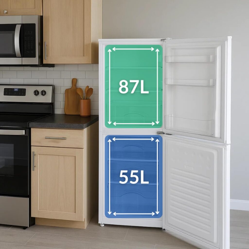 HYE White 142L 50/50 Freestanding Fridge Freezer, Compact Design for Small Kitchens, Adjustable Glass Shelves, LED Lighting  Deep Bottle Storage – RF01FF142W01           [Energy Class E]