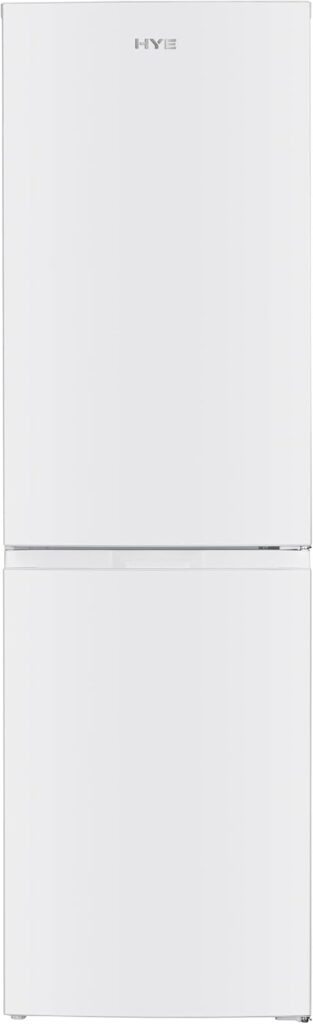 HYE White 142L 50/50 Freestanding Fridge Freezer, Compact Design for Small Kitchens, Adjustable Glass Shelves, LED Lighting  Deep Bottle Storage – RF01FF142W01           [Energy Class E]