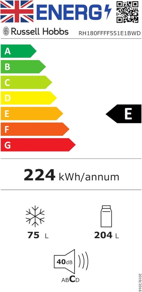 Russell Hobbs Fridge Freezer Freestanding Frost Free with Water Dispener Reversible Door, Adjustable Thermostat  Feet, 70/30 279L, 180cm High, LED Light, 2 Year Guarantee Silver RH180FFFF551E1SWD           [Energy Class E]